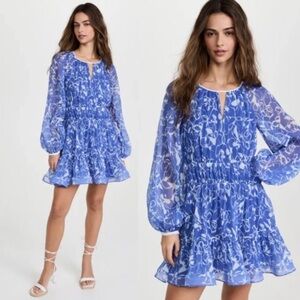 Jonathan Simkhai Harlowe Blouson Mini Dress Floral Print Pleated Keyhole Neck